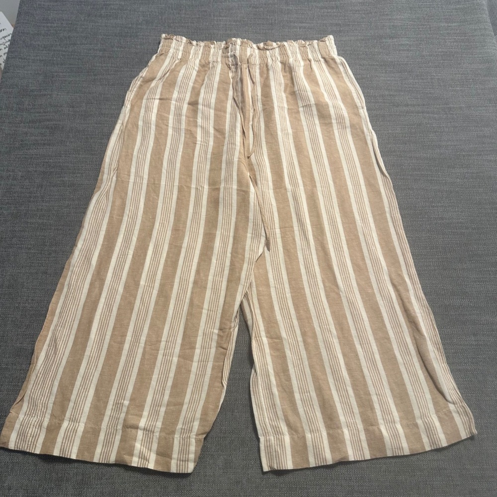 Madewell Wide Leg Pants Womens L Tan White Striped  Linen Blend Cropped